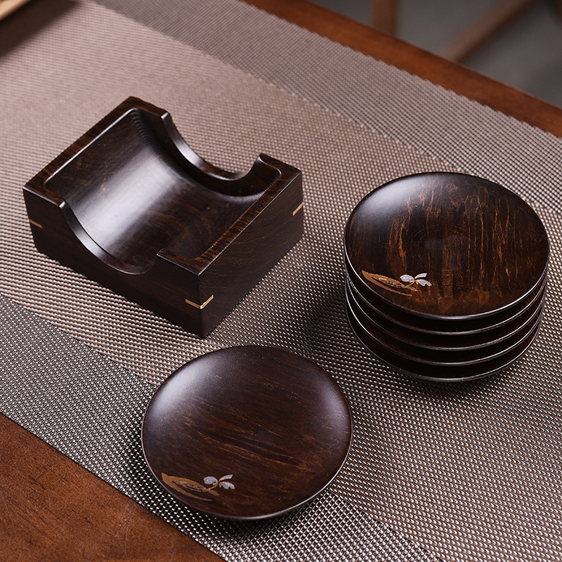 Lót tách trà gỗ Solid gỗ mun gia dụng Phụ Kiện Bộ trà Kungfu cổ điển đệm cách nhiệt đệm trà đạo cao cấp sang trọng nhẹ