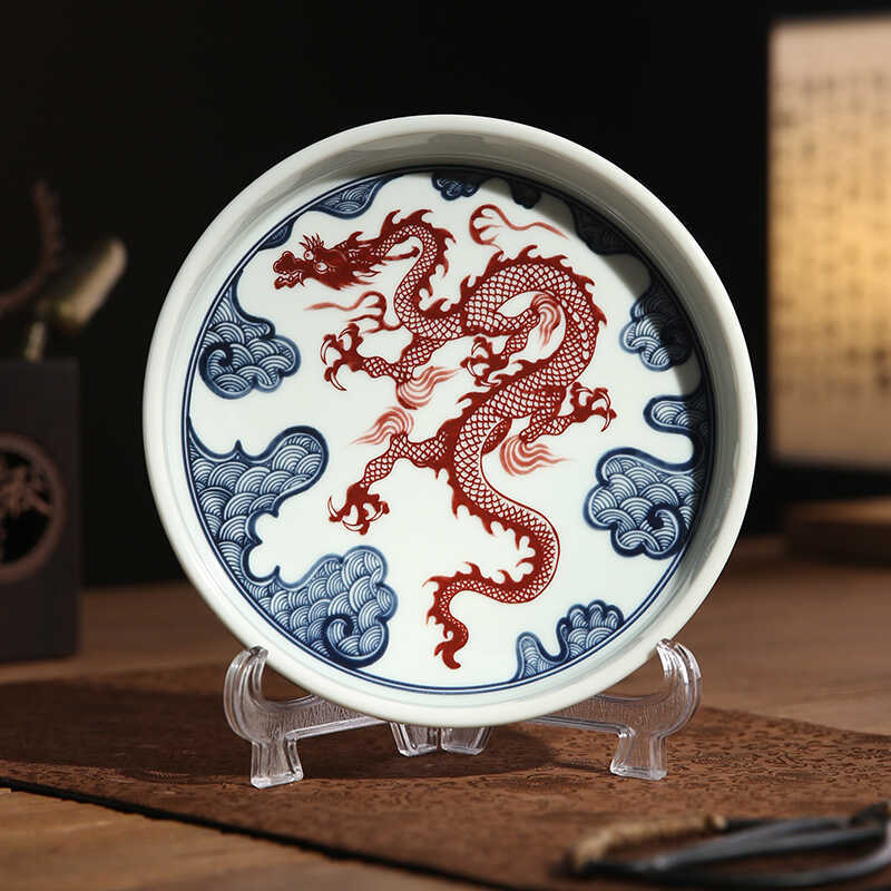 Ấm gốm trắng xanh khay đựng bọt khô ấm trà hình tròn khay đựng trà khay đựng bát khay đựng hoa quả khay đựng trà đạo khay đựng trà đạo