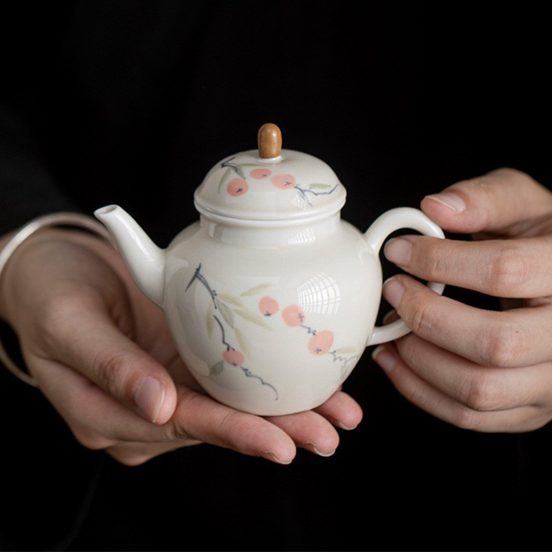 Ấm trà quả hồng vẽ tay, ấm bí ngô tráng men màu, ấm đơn phong cách Trung Quốc cổ điển, dụng cụ pha trà gốm sứ