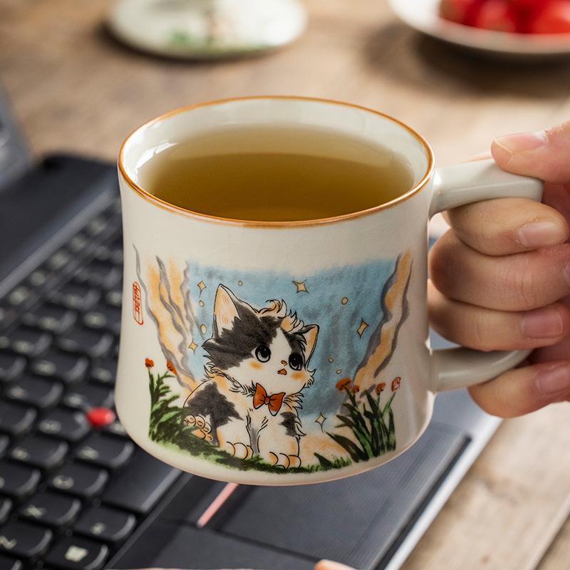 Cốc mug mèo dễ thương Ru Kiln cốc gốm cốc nước văn phòng cốc cao cấp sang trọng nhẹ gia dụng dung tích lớn