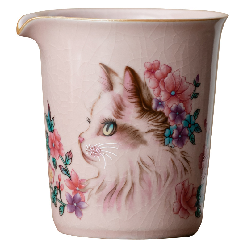 Bộ ấm chén uống trà họa tiết mèo Ru Kiln màu hồng, phụ kiện gốm sứ, chén uống trà đơn chống bỏng, chia trà gia dụng.