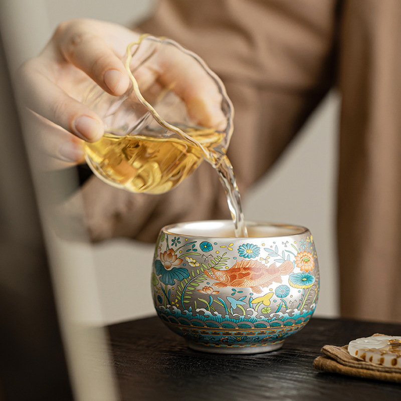 Cốc chủ nhân mạ bạc hoa văn tảo cá Chiyo tách trà cốc gốm sứ mạ bạc bát trà dung tích lớn cốc đơn