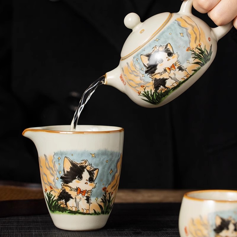 Bộ ấm trà gốm sứ Ru lò dễ thương bộ ấm trà công phu sáu chén cao cấp phòng khách gia dụng