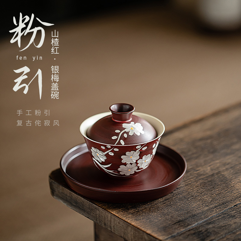 Bát có nắp bằng bạc vẽ tay màu đỏ táo gai màu hồng, bát có nắp Ba tài năng chống bỏng, Bộ trà Kung Fu đơn, bát pha trà gia dụng cổ điển