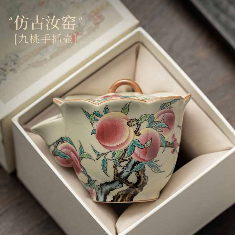 Ấm cầm tay miệng chín hoa đào kiểu Trung Quốc Ấm trà gốm sứ Ru Kiln Bộ ấm trà Kung Fu có thể dùng để đựng hộp quà ấm đơn thủ công gia dụng