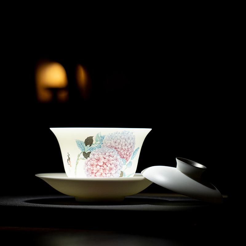Gaiwan bằng sứ giống như ngọc của Hoàng Tứ Đông, gaiwan ba mảnh có thành mỏng có nắp, tách trà bằng gốm, bộ trà kung fu, bát pha trà cao cấp.