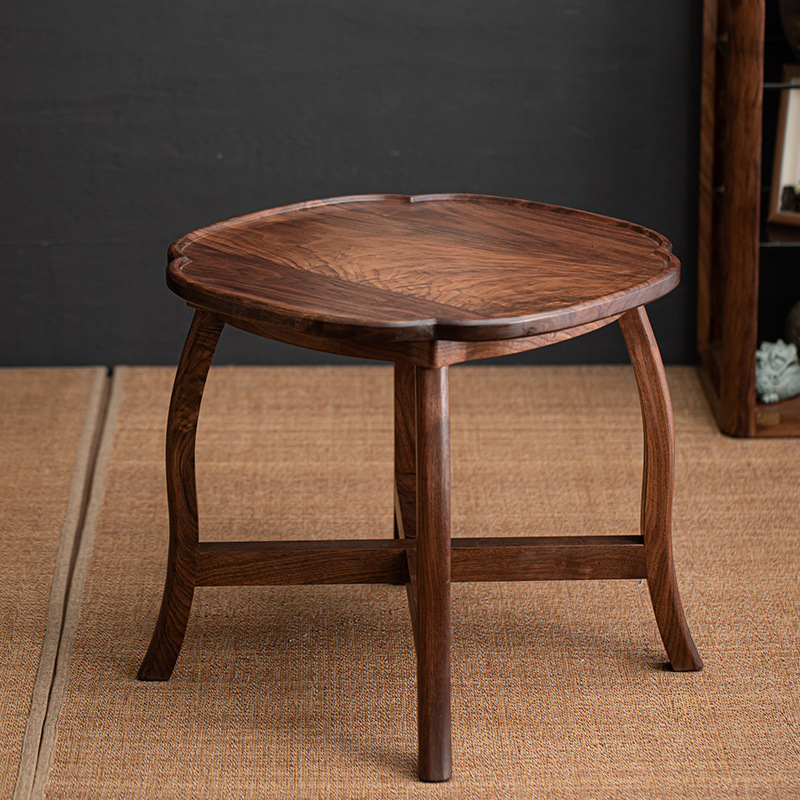 Bàn cà phê gỗ nguyên khối Bắc Âu bàn ban công gia dụng bàn ghế sofa bàn bên cạnh hình tròn nhỏ màu đen Gỗ Óc Chó