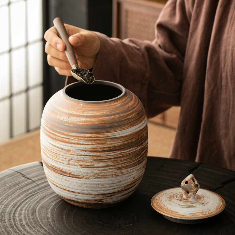 Bình đựng trà đá, Bình đựng đồ gốm thô thủ công kiểu Nhật, bình đựng trà dung tích lớn, Bình Đựng Trà kín kiểu cổ điển