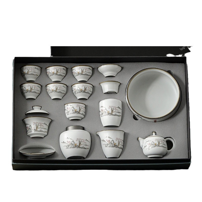Bộ ấm trà Ru Kiln Bộ hộp quà bát ba nắp gốm sứ cốc pha trà cao cấp Bộ ấm trà Kung Fu tặng quà cốc công bằng gia dụng