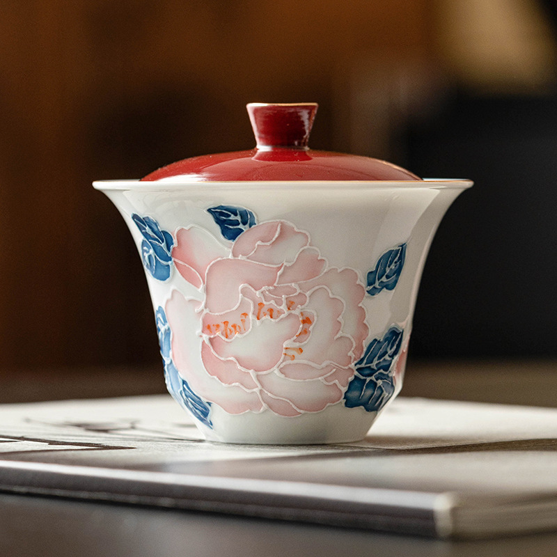 Bát hai nắp hoa mẫu đơn vẽ tay, bộ trà Kung Fu gốm sứ cao cấp, cốc trà gia dụng, bát trà không nóng đơn