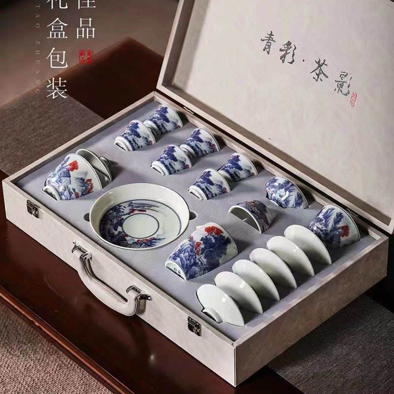 Bộ Trà Cổ phong cảnh sứ trắng xanh Bộ Hộp quà gia dụng Bộ trà Kung Fu gốm sứ Bộ trà quà tặng bán buôn
