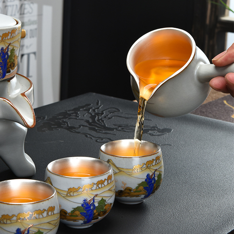 Bộ ấm trà Kung Fu tự động gốm sứ lò Ru bạc 999 bộ ấm pha trà lười cao cấp văn phòng tiếp khách gia đình