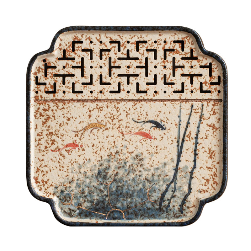 Ấm gốm đỏ đá lửa trắng xanh, bàn pha khô, vẽ tay vàng, khay trà cá koi vần sen vẽ tay, phụ kiện trà đạo