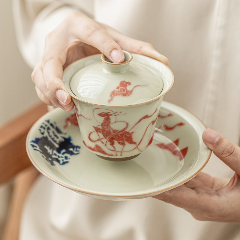 Đồng hành dọc đường, bát nắp móng ngựa vẽ tay, bộ trà gốm sứ đơn dung tích lớn, bát pha trà Kung Fu, cốc trà không nóng