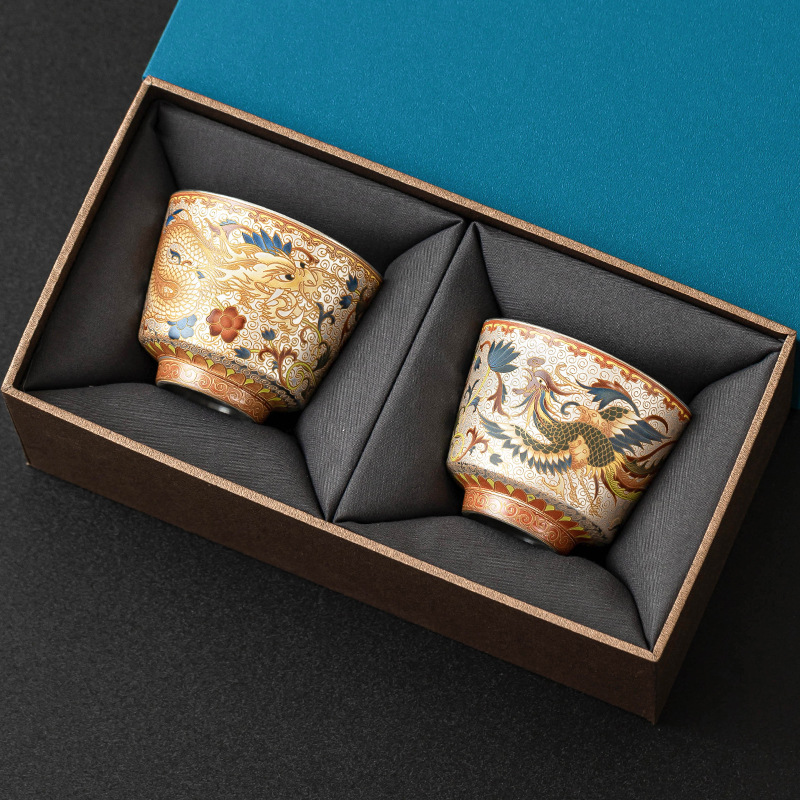 Nhà máy Xianglong Phoenix Cặp đôi Cốc đôi 999 Chén trà mạ bạc Cốc chủ sở hữu Bộ trà sang trọng nhẹ Hộp quà lưu niệm