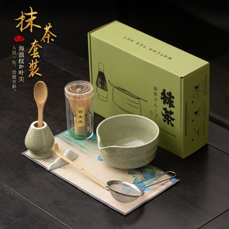 Bộ tám món matcha hoa văn sóng biển, bình trà gốm, đầu lá đứng, bát matcha, lưới lọc trà, gọi thiết bị matcha, trà đạo