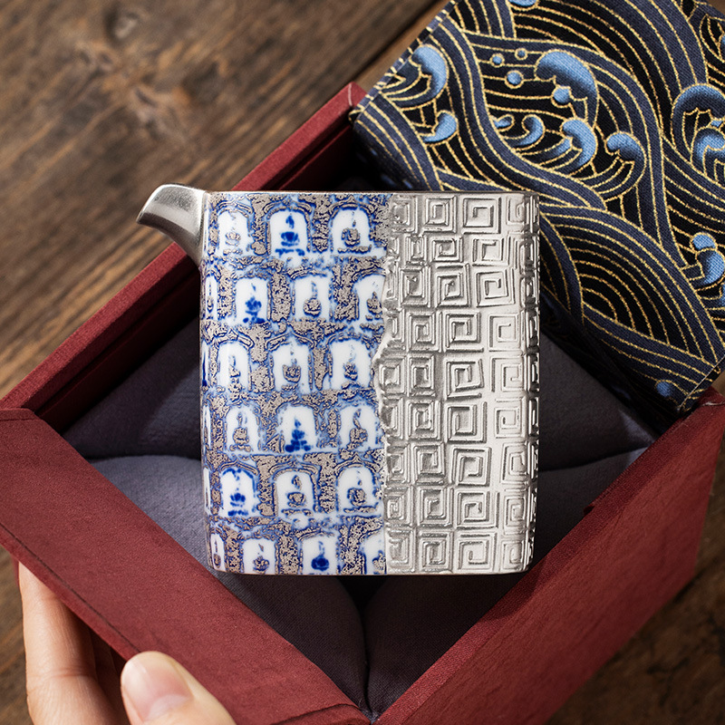 Bộ tách trà bốn phương ngàn phật xanh lam mạ bạc, quà sinh nhật nam nữ lãnh đạo người lớn tuổi, quà tặng khách hàng