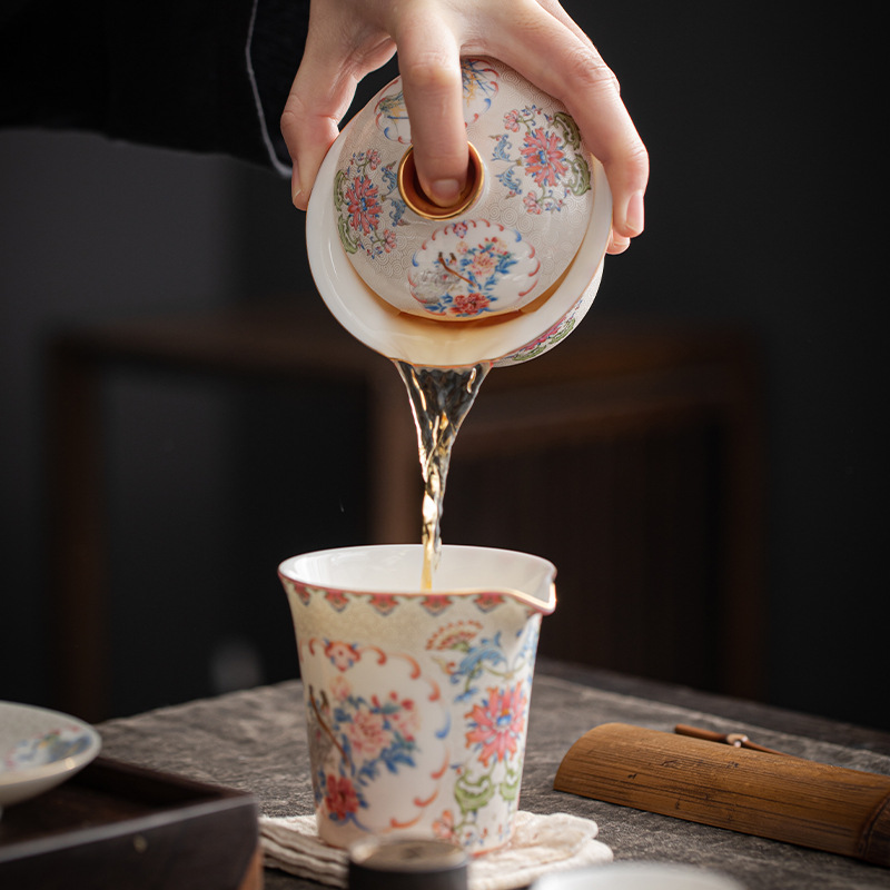 Bộ ấm trà Kung Fu bạc chạm khắc thủ công, bát pha trà màu men phong cách thủy triều quốc gia, bộ quà tặng trọn bộ