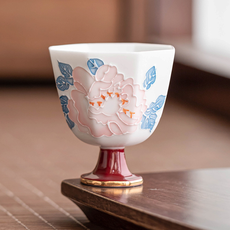 Vẽ tay hoa mẫu đơn vàng cao cốc gốm khắc trà bộ trà tinh tế cá nhân chủ cốc trà cốc đơn
