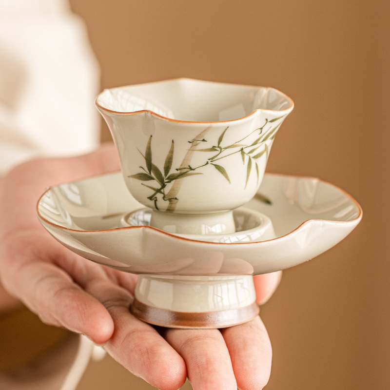 Đĩa cốc chân cao cánh hoa măng tây vẽ tay cốc chủ nhân chuyên dụng cá nhân cao cấp kiểu Trung Quốc cốc trà cách nhiệt chống bỏng