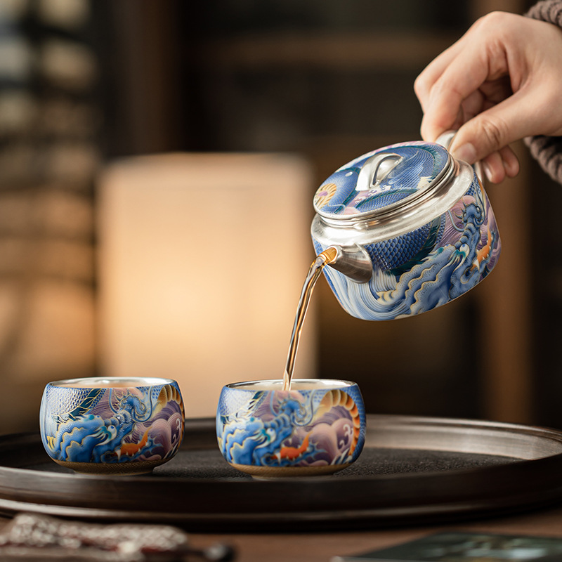 Song Yu mạ bạc Tenglong một ấm hai cốc bộ ấm trà gốm sứ tặng quà gia dụng ấm trà cổ điển hộp quà