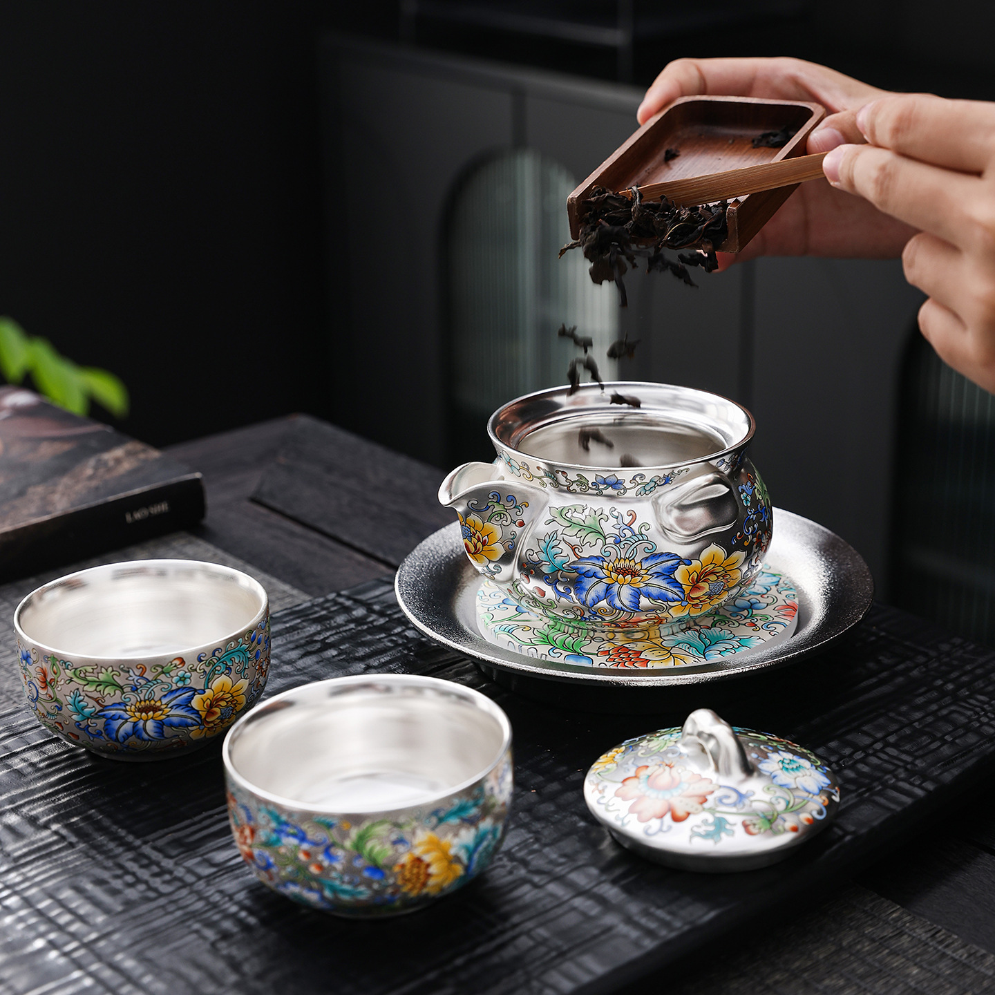 Bộ ấm chén mạ bạc gồm một ấm và hai chén, ấm trà Kung Fu và chén trà, quà tặng cao cấp dành cho người cao tuổi đã nghỉ hưu hoặc quà lưu niệm của công ty.
