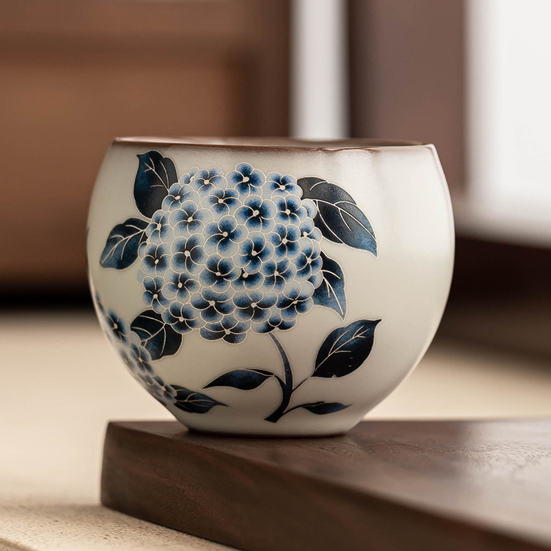 Cốc trà Ru Kiln Bộ trà gốm sứ Thiền kiểu Trung Quốc đông mỡ lợn Cốc trứng rồng hoa cẩm tú cầu Ruqing Sản phẩm gia dụng Cốc chủ nhân