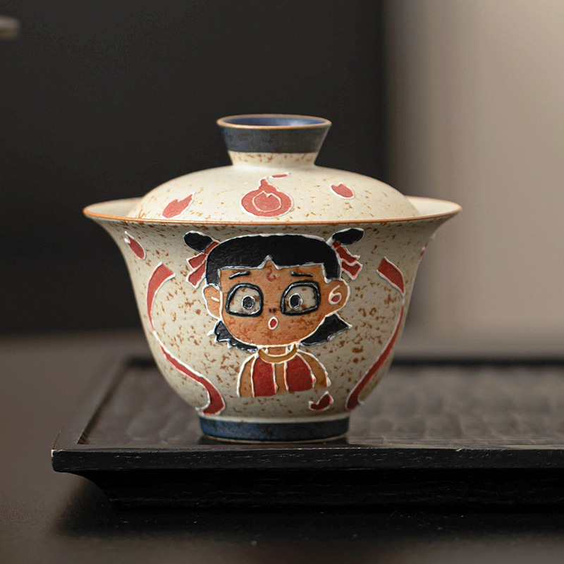 Nezha Naohai Bát có nắp Cốc trà Đá lửa trắng xanh Gốm sứ đỏ Bát trà nhị tài có nắp Bộ pha trà Kung Fu lớn đơn