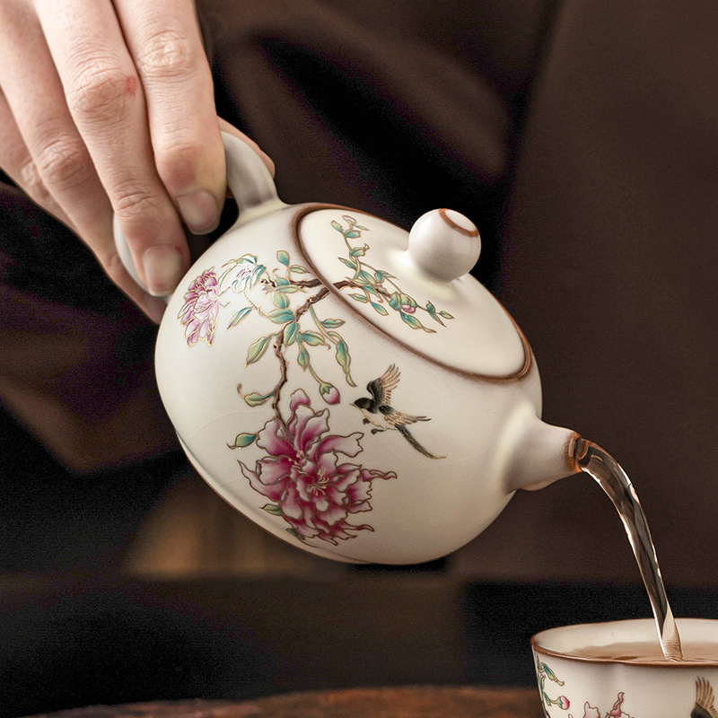 Ấm trà Ru Kiln Ấm trà đơn lọc cổ điển kiểu Trung Quốc gia dụng Bình thạch mỡ lợn Hoa mẫu đơn Xi Shi Bình một hộp quà