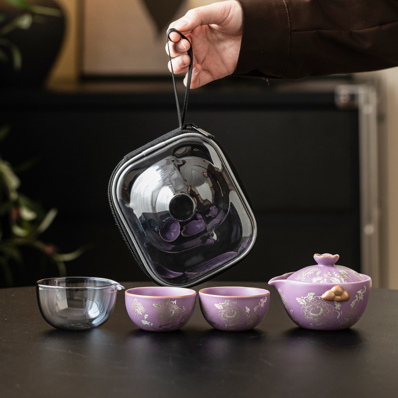 Bộ trà du lịch hoa mẫu đơn bạc bộ nhỏ Kung Fu cầm tay nhanh cốc cao cấp ấm trà một ấm hai cốc