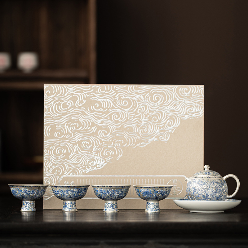 Bộ ấm trà hoa sen mạ bạc gia dụng một ấm bốn tách trà bộ tặng quà tặng người lớn tuổi lãnh đạo doanh nghiệp