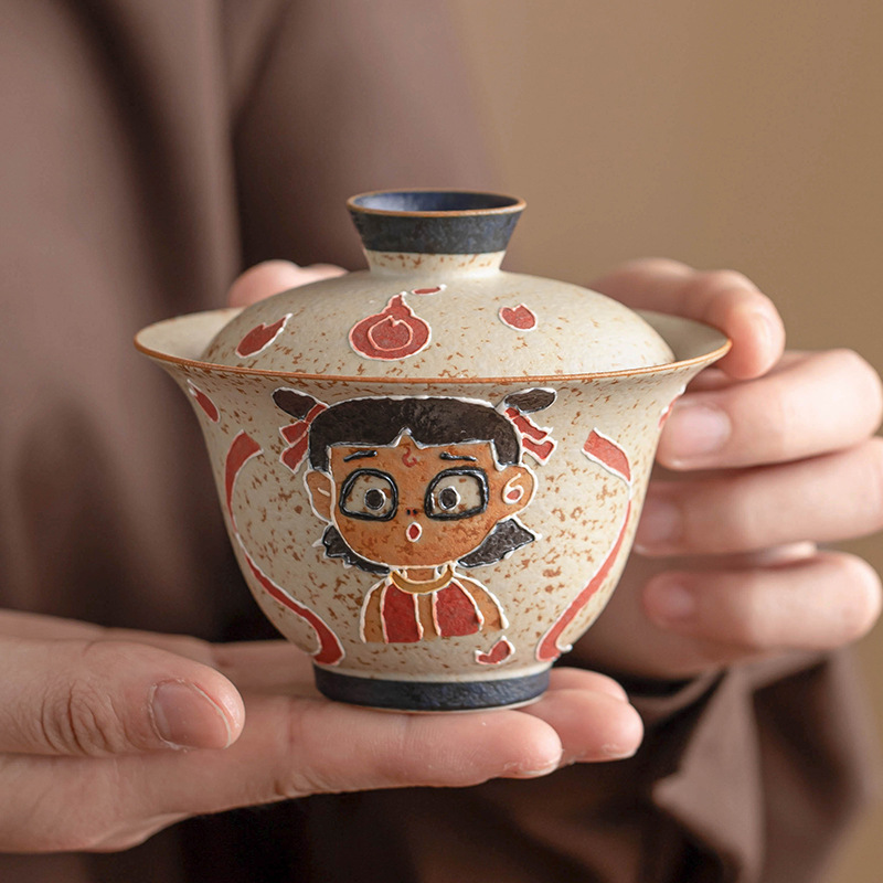 Nezha Naohai Bát có nắp Cốc trà Đá lửa trắng xanh Gốm sứ đỏ Bát trà nhị tài có nắp Bộ pha trà Kung Fu lớn đơn