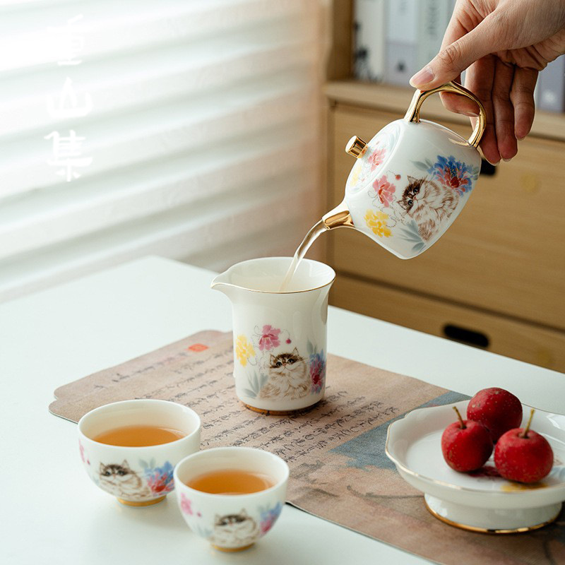 Ấm trà mèo màu pastel bằng sứ ngọc trắng có lỗ bóng, một mảnh dùng trong gia đình, quà tặng cao cấp, ấm trà kung fu bằng gốm văn phòng.