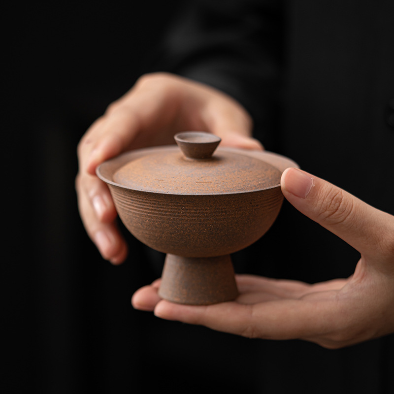 Bát có nắp chân cao bằng gốm thô đất sét ép tay, bộ trà Kung Fu cổ thủ công, bát pha trà, bát trà nhỏ chống bỏng gia dụng