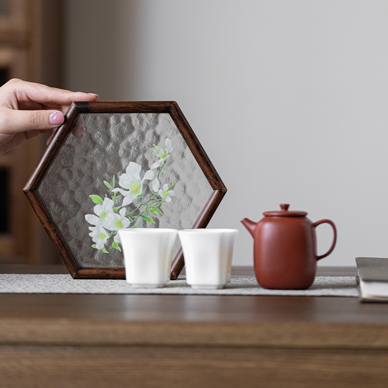 Ấm hình lục giác thủy tinh vân nước bàn trà thủy tinh gỗ óc chó gia dụng bàn trà nhỏ kiểu Nhật tấm lót cốc bàn pha khô