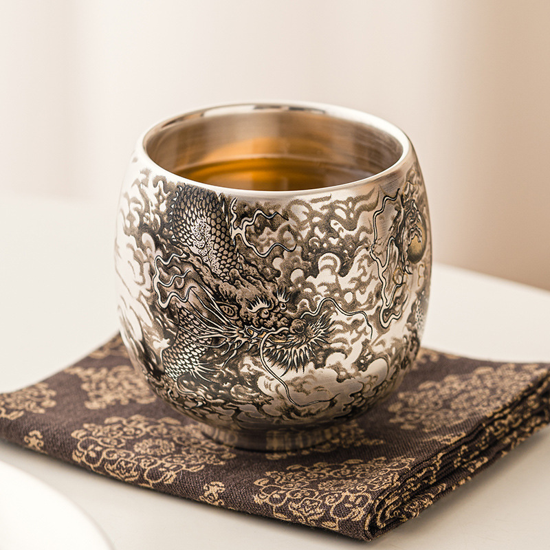 Dragon Opera Bead 999 sterling bạc sứ bào thai mạ bạc cốc trà Bộ trà Kung Fu cốc chủ sở hữu cốc đơn tách trà Tách Trà Cá Nhân