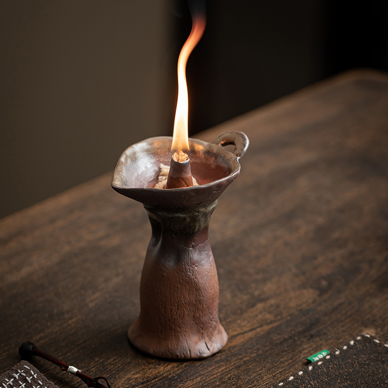 Chân nến gốm thô bùn đá cũ, chân đèn kiểu Trung Quốc, đèn ngủ thơm, đế nến cổ điển, đồ trang trí để bàn phòng trà gia đình