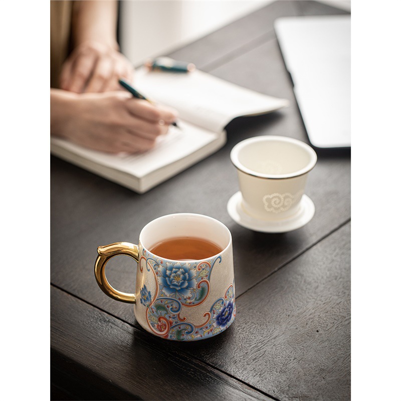 Cốc pha trà tráng men cloisonné bạc nguyên chất cao cấp tách trà gốm sứ chuyên dụng có nắp cốc văn phòng