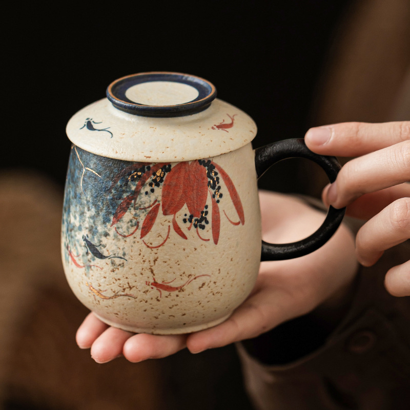 Màu xanh và trắng đá lửa cốc văn phòng màu đỏ chạm khắc vàng vẽ tay hoa sen vần koi cốc có nắp cốc nước cổ điển cốc sứ cốc đơn