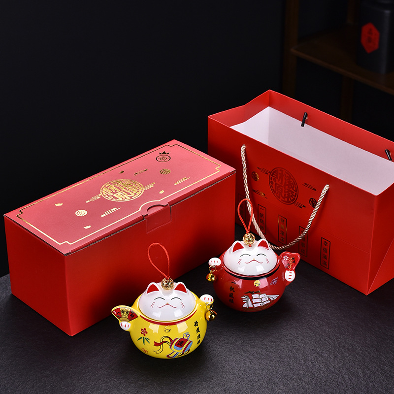 Bình trà mèo may mắn Bình rỗng gốm sứ hoạt hình sáng tạo bình kín hộp đựng trà Pu'er cỡ lớn gia dụng hộp quà
