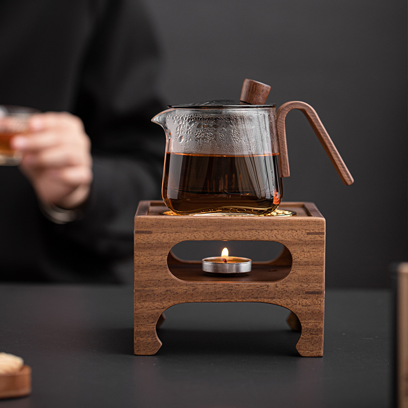 Bộ ấm trà vuông gỗ óc chó, ấm trà bên hông kính, ấm trà gia dụng, đế đun trà, trà đạo Kung Fu
