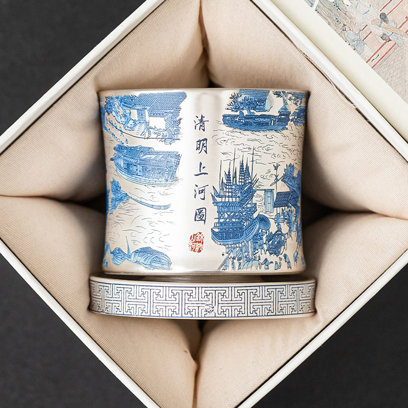 Cốc chủ nhân mạ bạc 999, cốc quay Qingming Shanghetu, bộ trà sang trọng nhẹ, cốc trà Kung Fu gia dụng, quà tặng tay