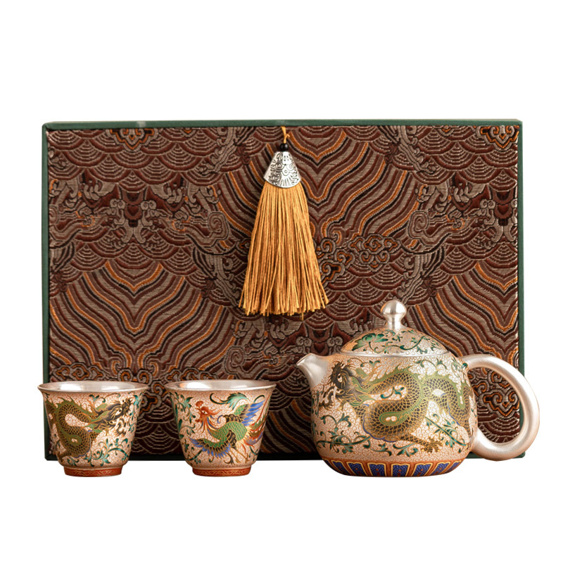 Long Phượng Tường mạ bạc nhẹ sang trọng cao cấp một bình hai cốc gốm sứ gia dụng bộ ấm trà bộ ấm trà hộp quà