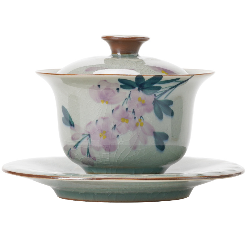 Men Borneol tinh khiết vẽ tay bát có nắp Ba tài năng Bộ trà Kung Fu tách trà gốm sứ mở Bát trà không nóng tay dụng cụ pha trà gia dụng