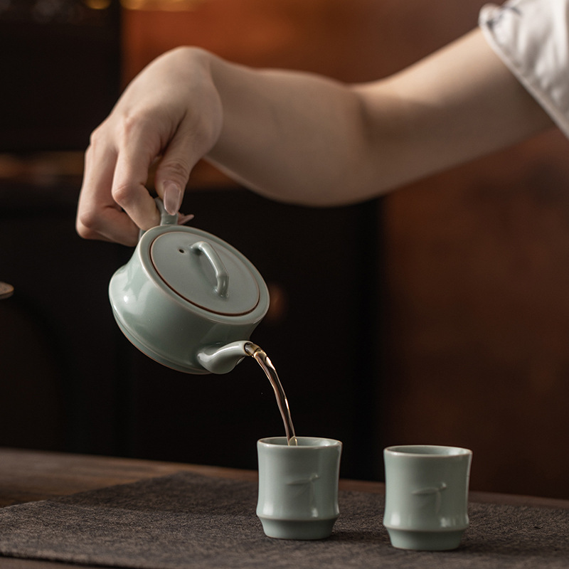 Màu xanh da trời như hồ, ấm trà bằng tre Ru kiln dùng trong gia đình, ấm pha trà không nứt, bộ ấm trà gốm kiểu Trung Hoa, ấm đơn, quà tặng.