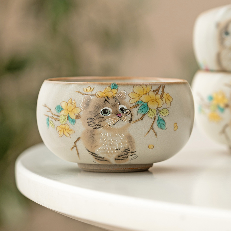 Cốc chủ nhân mèo dễ thương hoa vàng Ru Kiln cốc đơn gia dụng có thể mở cốc uống trà cốc gốm sứ dễ thương cao cấp cốc trà