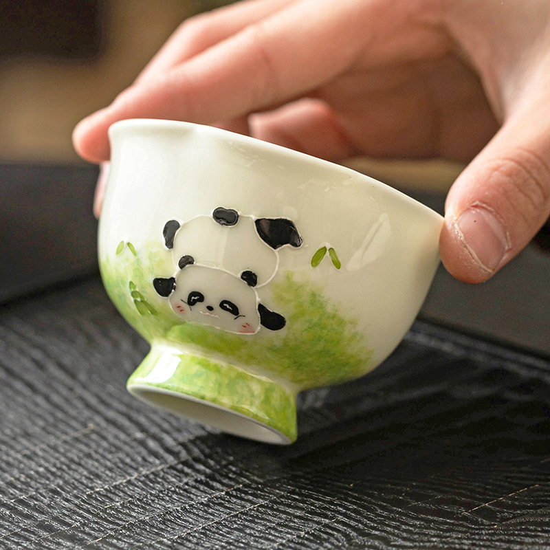 Chén trà Kung Fu màu xám cỏ, chén vẽ tay, chén chủ nhân hình gấu trúc chạm khắc, chén đặc biệt uống trà, chén trà, chén đơn