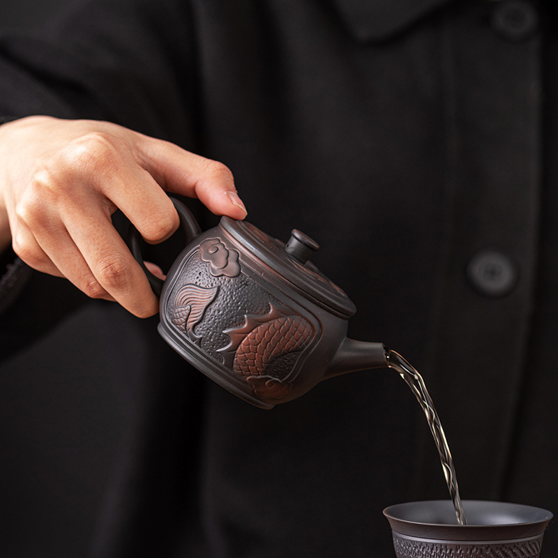 Nguyên khoáng tử cát tường cổ điển thủ công rồng phượng phù điêu Bình Phong Bình Xishi bình đơn dung tích lớn dụng cụ pha trà Kung Fu ấm pha trà