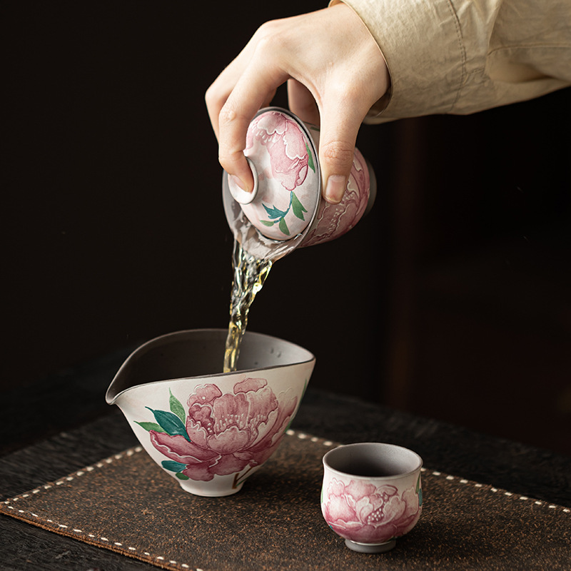 Cốc hoa mẫu đơn trang điểm nhẹ bùn đá cũ, bộ trà Kung Fu gốm sứ kiểu Trung Quốc, tách trà đồng nhất, bộ tách trà cổ điển, phụ kiện trà đạo