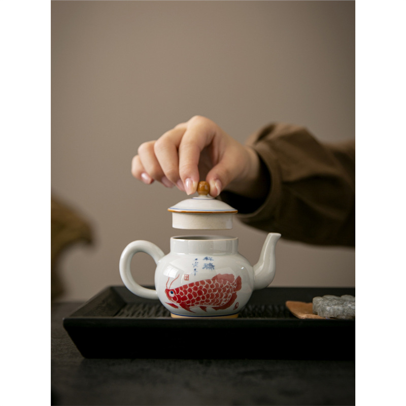 Ấm trà cá rồng xanh trắng ấm trà Kung Fu cỡ lớn gia dụng ấm trà lọc gốm sứ ấm trà đơn trà cổ điển